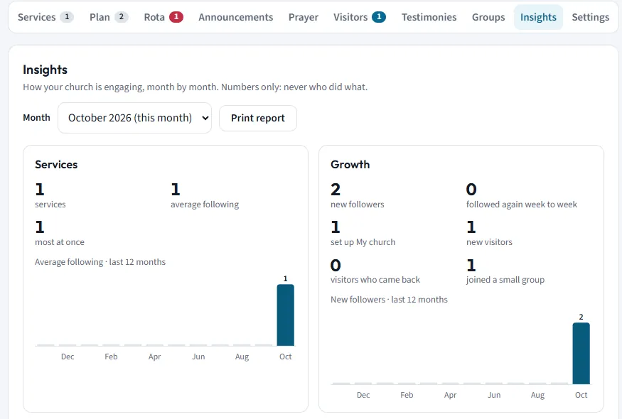 The church dashboard's Insights tab with monthly charts