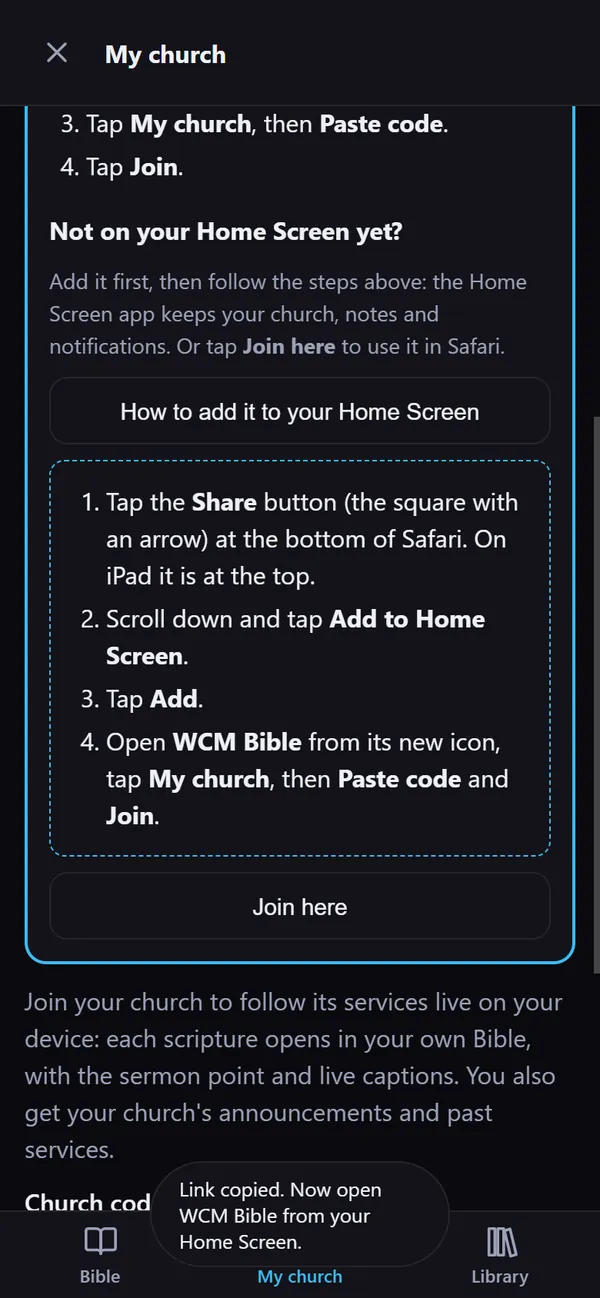 The app's own How to add it to your Home Screen steps, shown in Safari on an iPhone