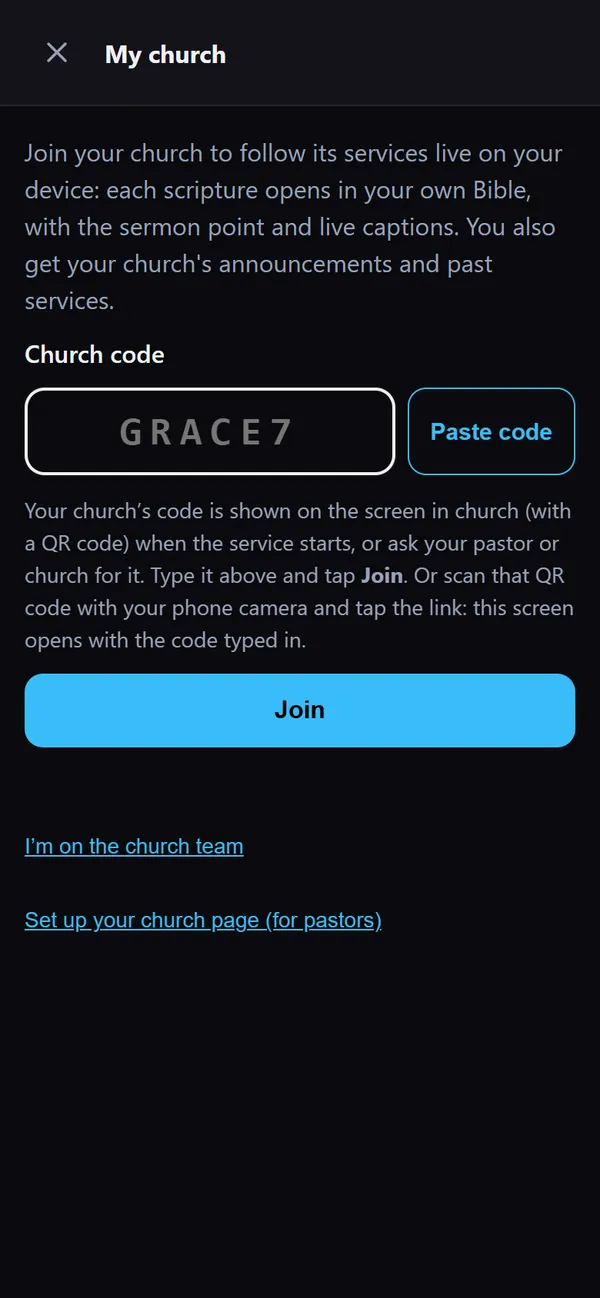 My church in the iPhone Home Screen app: the church code pasted in, with Paste code and Join buttons
