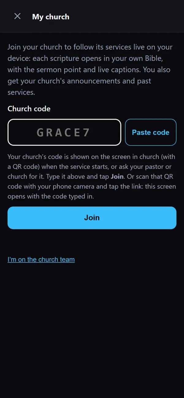 My church in the iPhone Home Screen app: the church code pasted in, with Paste code and Join buttons