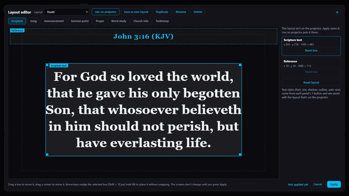WCM's layout editor with the scripture text box selected and resize handles around it