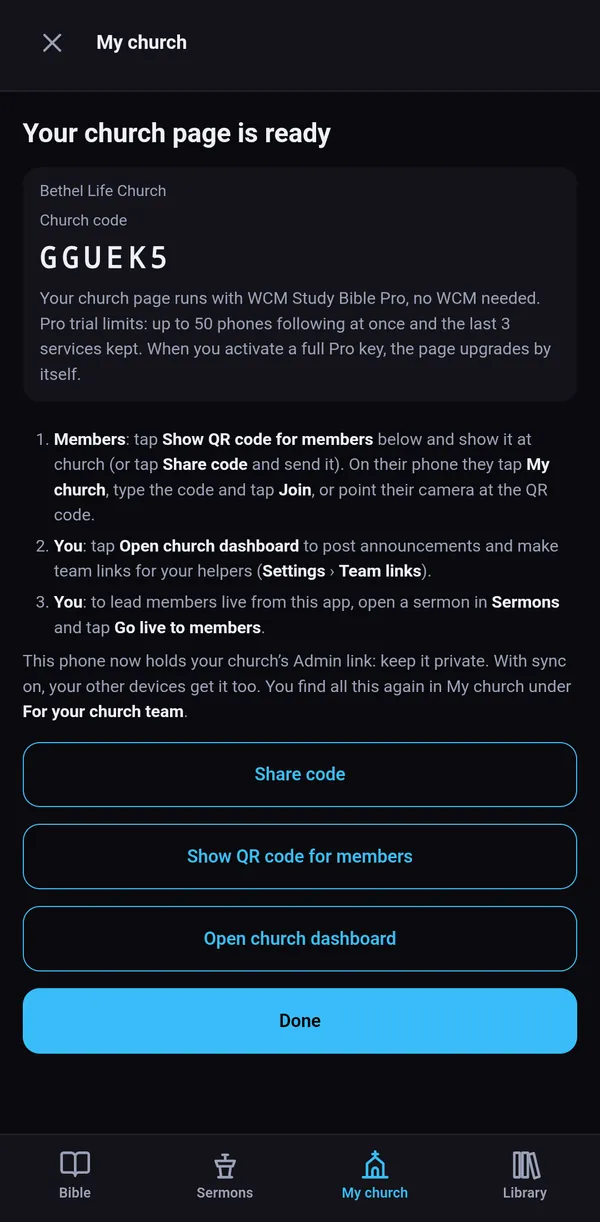 WCM Study Bible after Create church page: Your church page is ready, Bethel Life Church, with the church code and buttons to share it