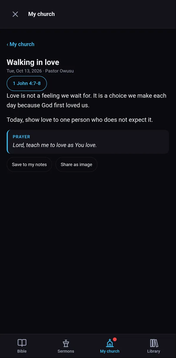 A pastor's devotional, Walking in love, open in My church on a member's phone