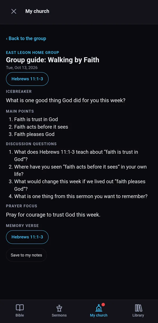 A group guide, Walking by Faith, for East Legon home group: icebreaker, main points and discussion questions