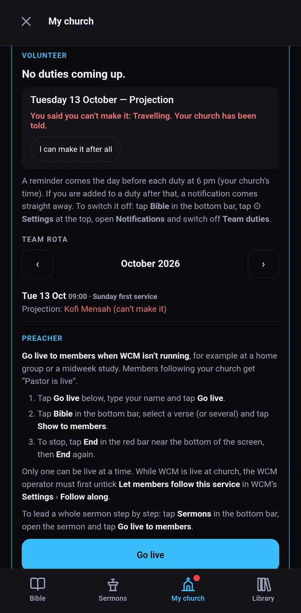 A volunteer's duty on a phone: Tuesday 13 October, Projection, marked can't make it, with the team rota below