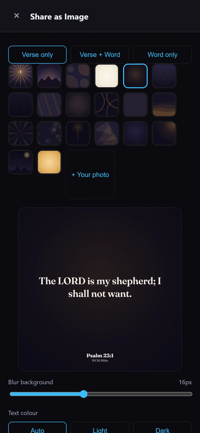 Psalm 23:1 turned into a shareable image, with a choice of backgrounds